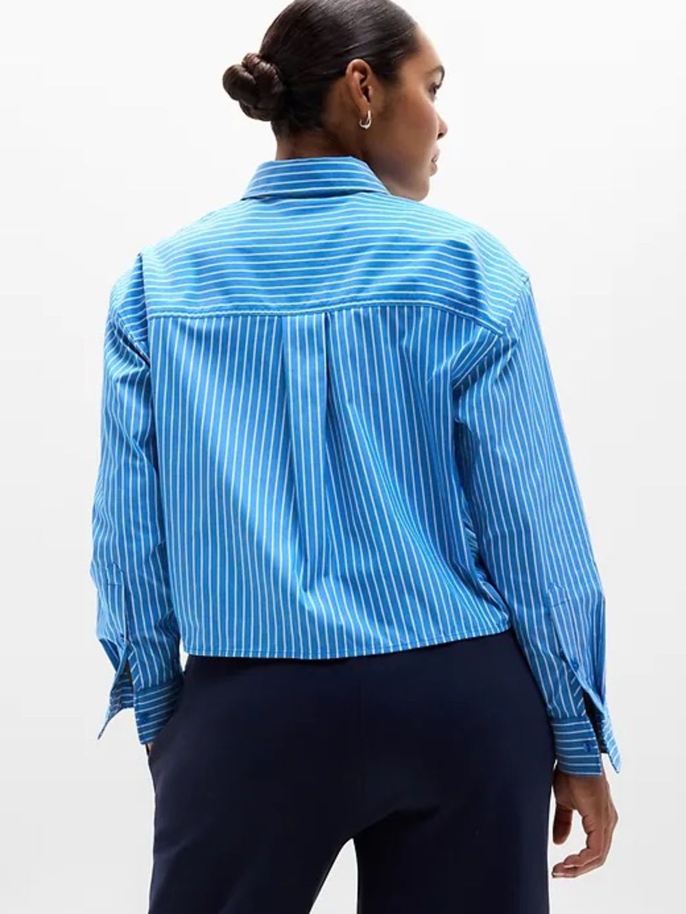 Athleta Blue Striped Cropped Button-Down Shirt - Picture 3 of 6